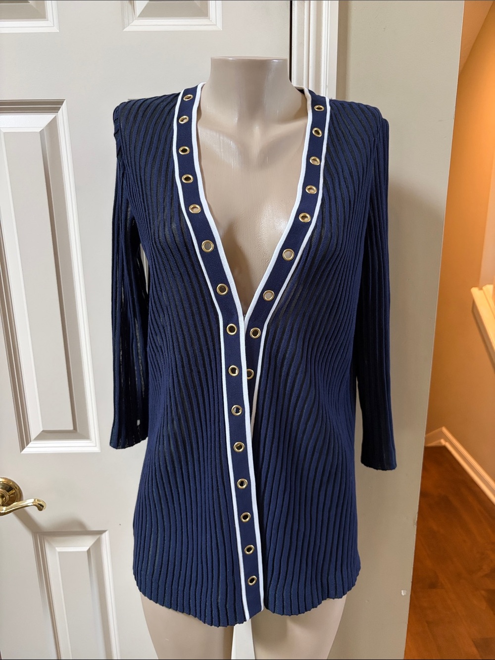 Ming Wang Navy Ribbed Cardigan with White Trim and Gold hardware, small